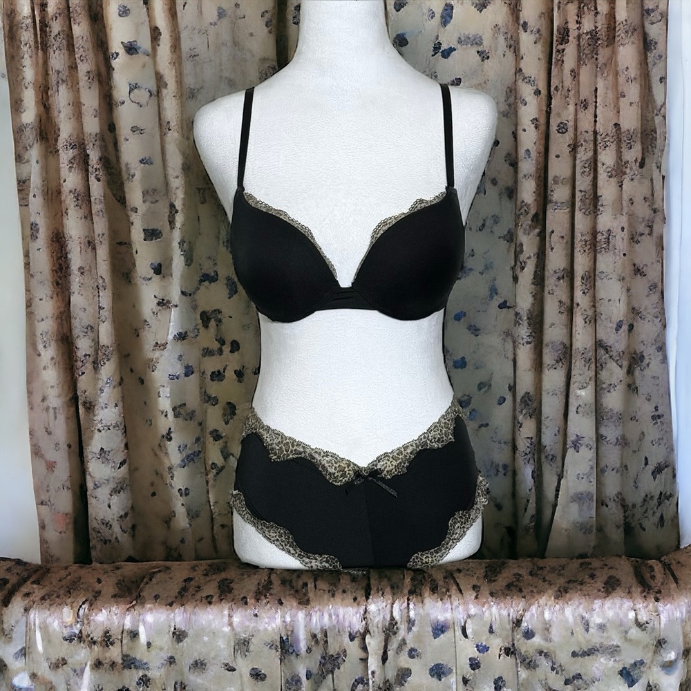 NWOT -Women’s Black Bra & Panty Set -Besima -Cheetah Print Edging -Sizes 34B & 7 - Picture 1 of 12